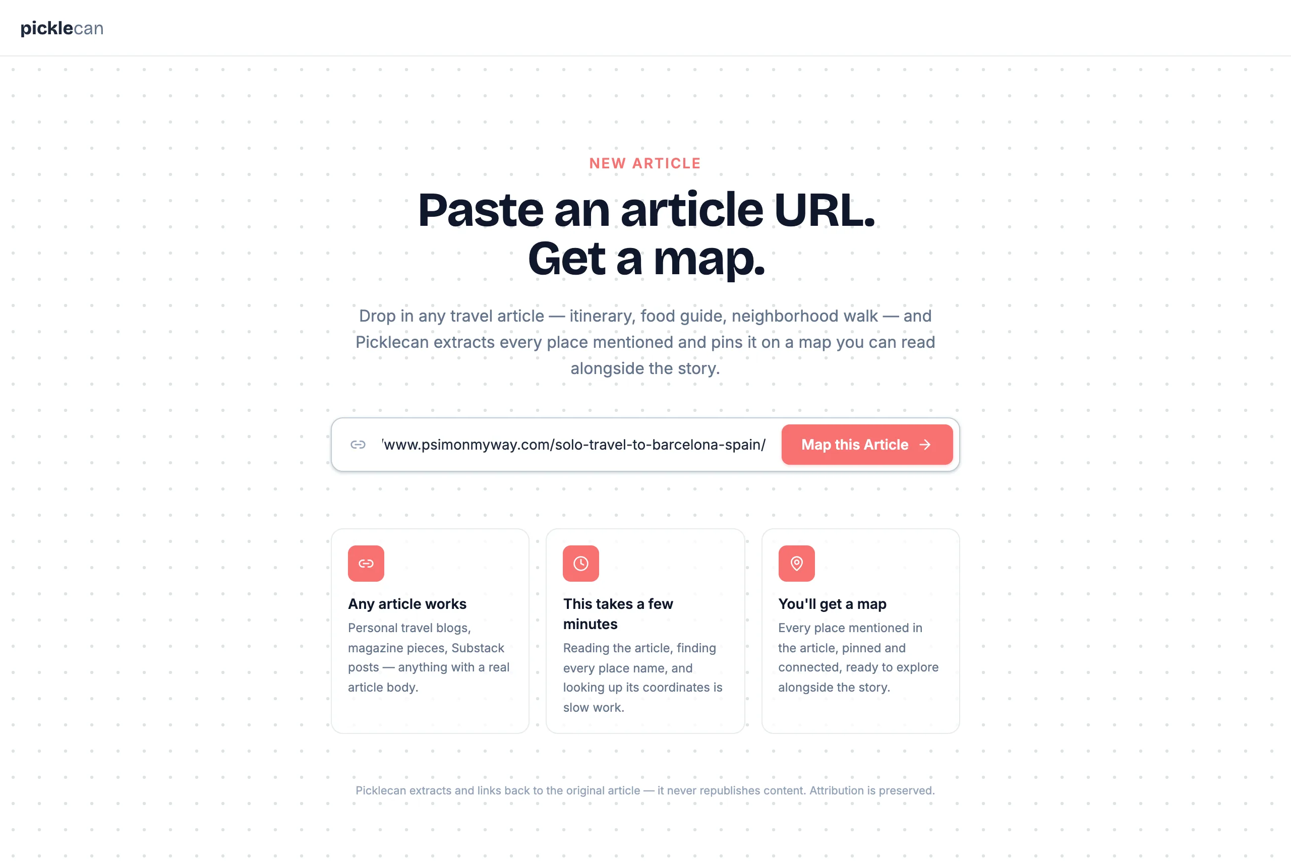 Pasting a travel article URL into Picklecan
