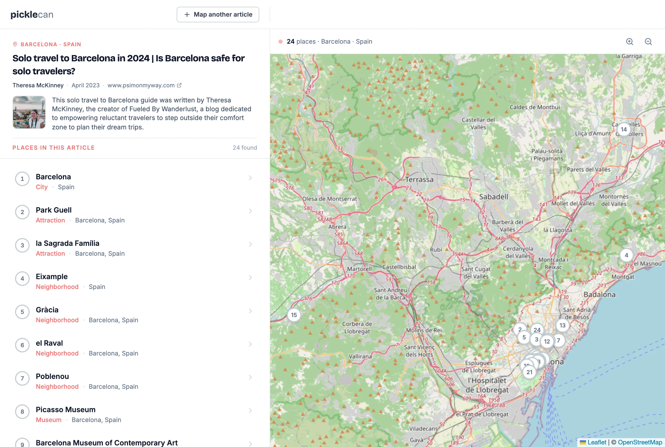 Picklecan mapping a Barcelona travel article into an interactive map of 24 places