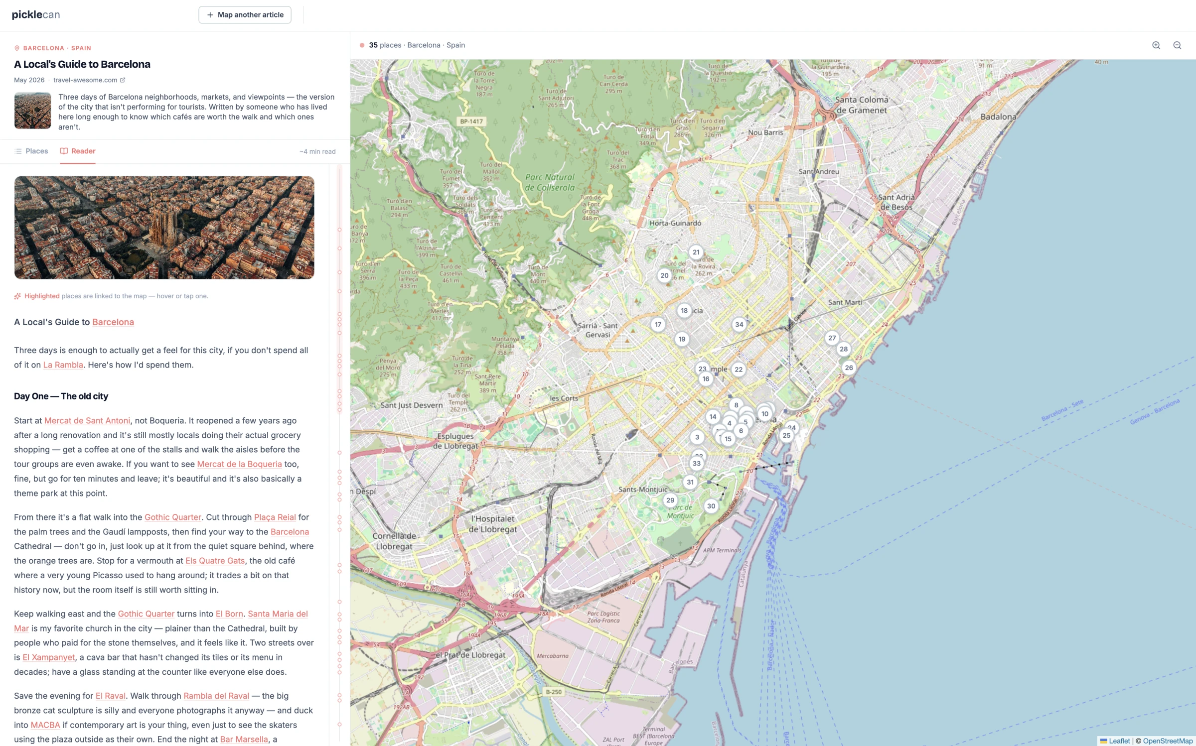 Picklecan reading mode: article on the left, synchronized map on the right