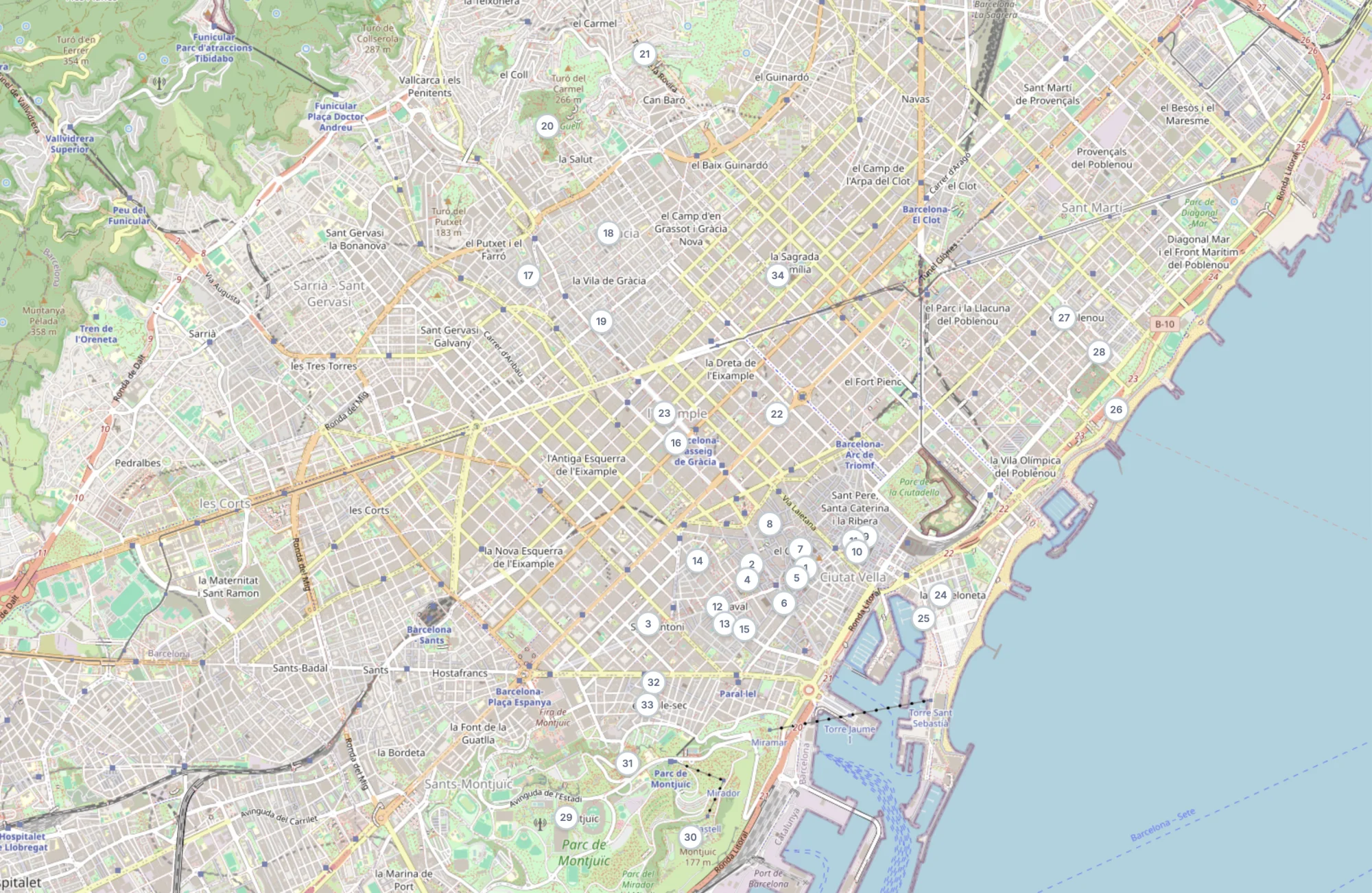 Map of Barcelona with places marked